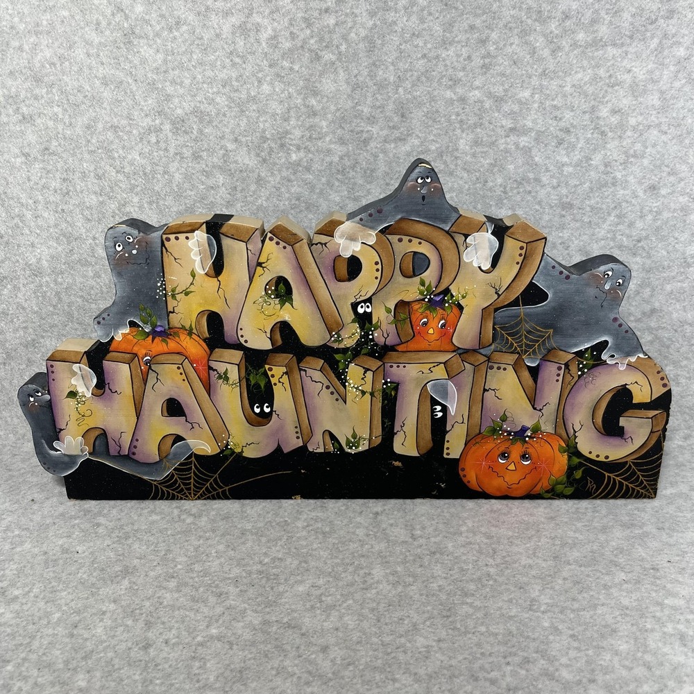 Happy Haunting Halloween Wall Box Decor Hand Painted Wood Pumpkin Ghost Sign 15"